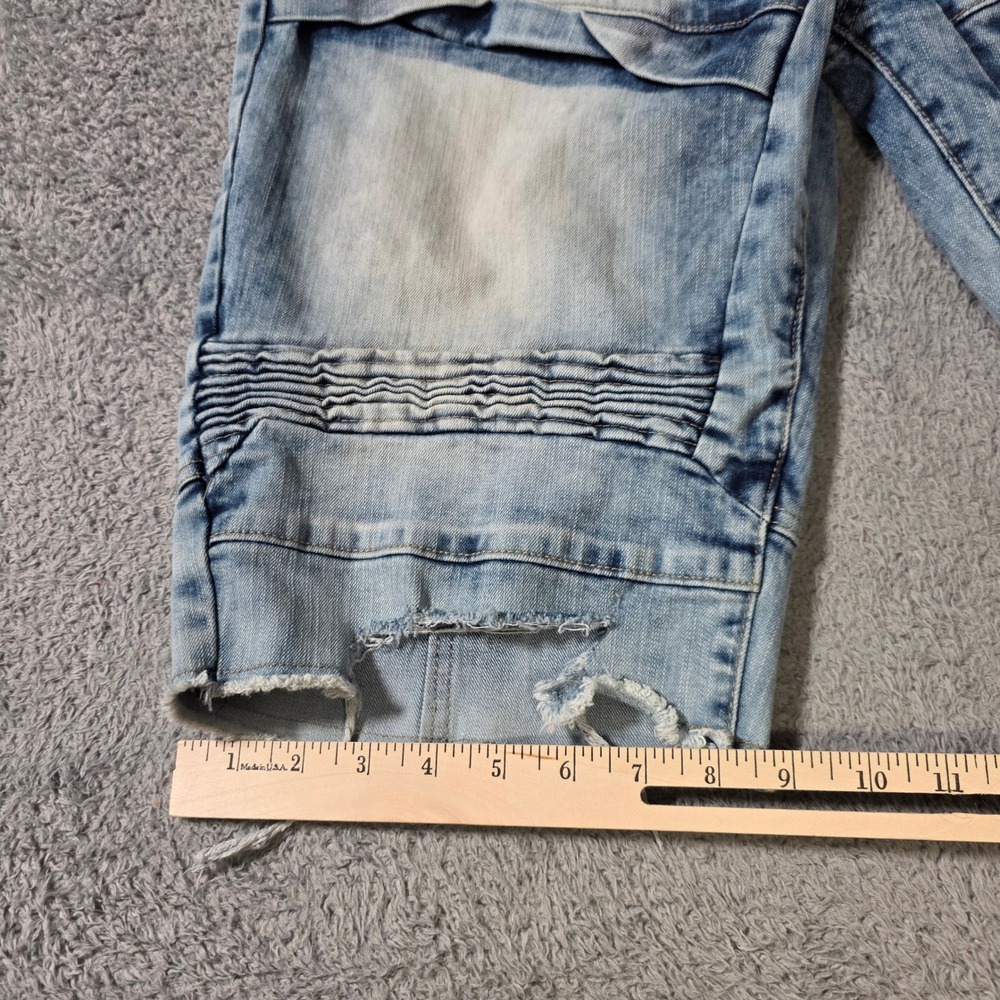 Smoke Rise Mens 38 Moto Denim Shorts Light Blue Acid Wash Ribbed Distressed Y2K - Picture 5 of 9